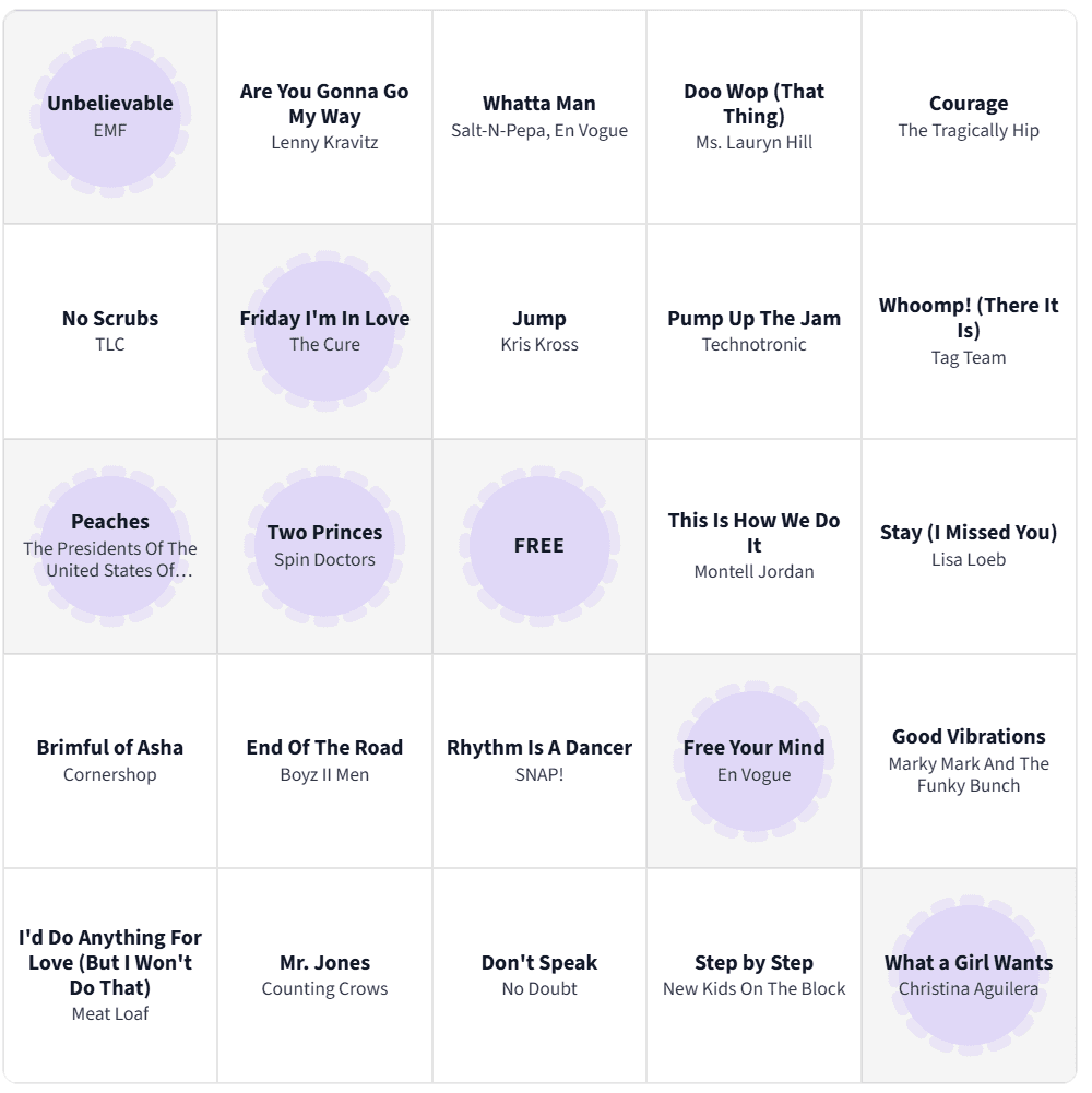 Music Bingo game card in action